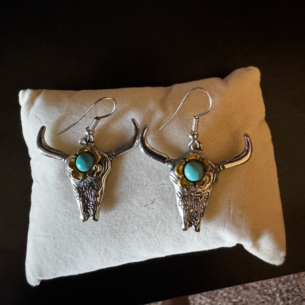 Silver Bull Skull Earrings with Turquoise Accents